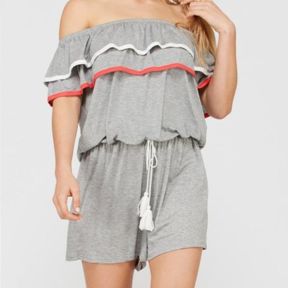 Sun N Moon Grey Red Trim Off Shoulder Romper - Picture 1 of 8